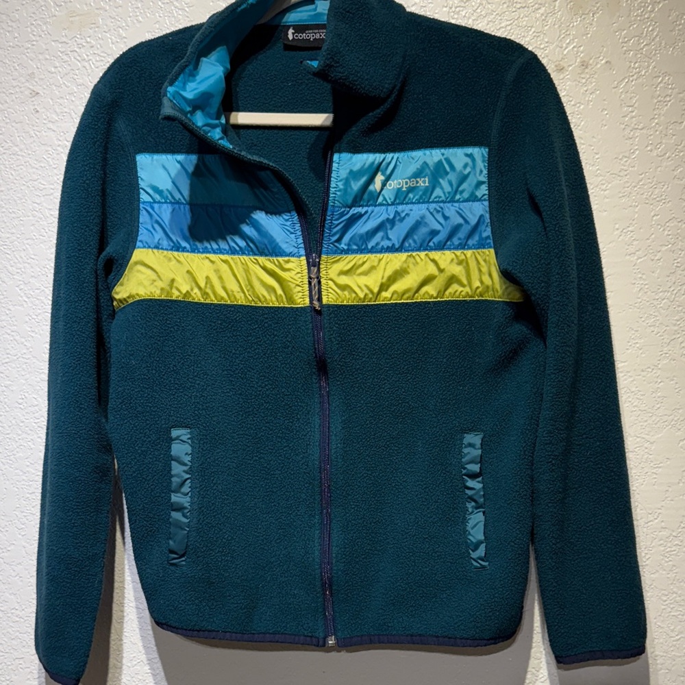 Cotopaxi Women's Teal Jacket with Blue and Yellow Stripes - Picture 4 of 7